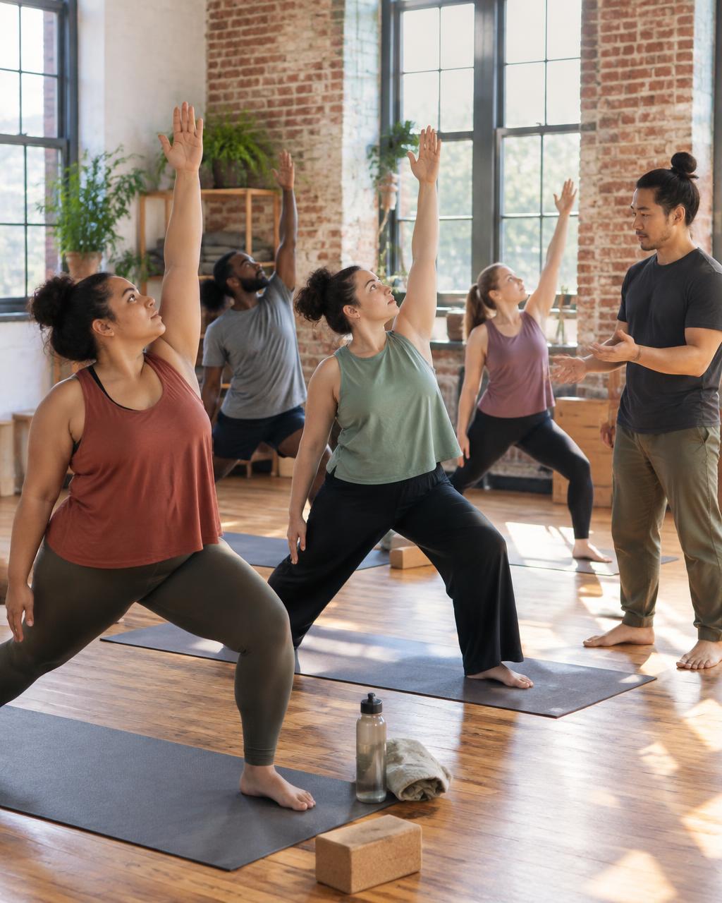 A small group taking part in a welcoming indoor yoga class