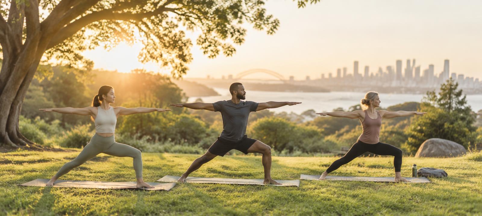 Neighbors enjoying a sunny outdoor wellness yoga session together in a green park