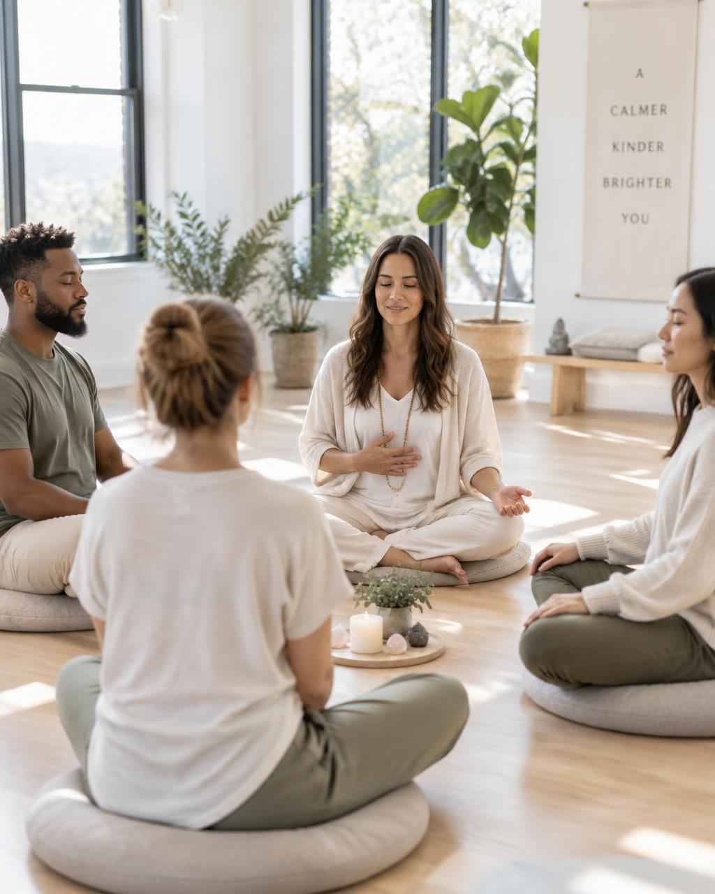 Adults gathered in a calm indoor mindfulness circle